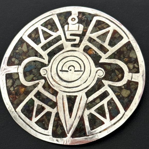 Vintage Taxco Mexico 925 Sterling Silver Multi Gemstone Inlay Large Brooch Pin - Picture 1 of 14